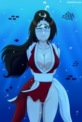 1girls _cobaltglacier asphyxiation ass_visible_through_thighs big_breasts breasts brown_eyes brown_hair bubble clothed clothing commission drowning fatal_fury fish holding_breath king_of_fighters kunoichi long_hair mai_shiranui peril ponytail puffy_cheeks sea thighs thong tied_arms underwater