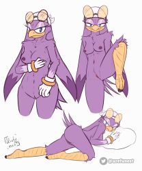 anthro ass avian beak bird blue_eyes breasts clothed clothing eyewear eyewear_on_head female hi_res hirundinid looking_at_viewer nude oscine passerine purple_body sega simple_background smile solo sonic_(series) sonic_riders sunglasses sunglasses_on_head swallow_(bird) topless urefunest wave_the_swallow