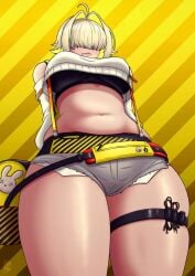 big_breasts black_top blonde_hair booty_shorts breasts cute_fang elegg_(nikke) female female_only from_below goddess_of_victory:_nikke hair_over_eyes midriff navel pale-skinned_female pale_skin suspenders thick_thighs thigh_strap two_tone_hair underboob white_jacket worm's-eye_view