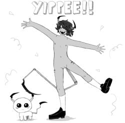 :d ^_^ android black_and_white black_hair closed_eyes cuntboy cuntboy_only edit edited edited_official_artwork ghost_and_pals grey_skin happy horns humanoid intersex naked nipples open_mouth poorly_edited pussy qualia_automata robot shoes silly simple_background socks socks_and_shoes solo solo_cuntboy tail tamari tbh_creature team_6x111 text white_background white_text yippee