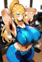 1girl 1girls ai_generated armpit armpit_fetish armpit_hair armpits arms_behind_head arms_up bangs big_breasts blonde_hair blue_eyes breasts dontlao3 female female_focus female_only gigantic_breasts gloopai huge_breasts looking_at_viewer metroid nai_diffusion navel nipple nipple_bulge nipple_outline nipples nipples_visible_through_clothing ponytail samus_aran smell smelly smelly_armpits sports_bra sportswear steam steaming_body steamy sweat sweat_stain sweatdrop sweating wide_hips yoga_pants