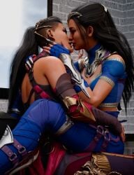 2girls 3d almost_kissing bisexual_(female) black_hair edenian embrace eyes_open female female_only fingerless_gloves food hand_on_shoulder imminent_kiss implied_kiss incest intimate kissing kitana kiteena legs long_hair mileena mortal_kombat mortal_kombat_1_(2023) open_mouth princess rayalterego23 royalty sisters sitting_on_lap straddling touching_lip twincest twins wrapped_around_another yuri