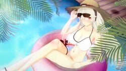 1girls 3d alternate_costume bare_legs beach bikini blonde_hair blush breasts cleavage corrin_(female)_(summer)_(fire_emblem) corrin_(fire_emblem) corrin_(fire_emblem)_(female) crossed_legs female female_only fire_emblem fire_emblem_fates fire_emblem_heroes from_above hairband hat innertube large_breasts legs long_hair looking_at_viewer looking_up natsuko nintendo ocean official_alternate_costume outdoors palm_tree red_eyes smile solo sun_hat sunglasses swimsuit tree very_long_hair water white_bikini white_swimsuit