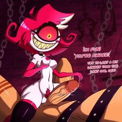 1boy 1girls cyclops cyclops_girl demon demon_girl dominant dominant_female domination female gloves grinding groping_breasts groping_self hazbin_hotel holding_breast leggings male niffty pale_skin red_hair sharp_teeth shortstack stockings text thighhighs vivienne_medrano white_skin