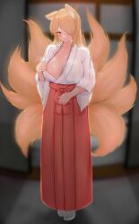 animal_ear_fluff animal_ears bangs blonde_hair blurry blurry_background blush breasts cleavage collarbone depth_of_field female fox_ears fox_girl fox_tail full_body hair_over_one_eye hakama hakama_skirt heavy_breathing horny japanese_clothes kimono kitsune kyuubi large_breasts large_tail long_bangs long_hair long_sleeves miko multiple_tails nipple_slip nipples original paid_reward_available red_eyes red_hakama skirt solo standing sweat tail togutogu undressing white_kimono wide_sleeves