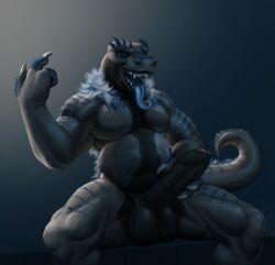 anthro balls belly bodily_fluids bulky dinosaur father foreskin genitals hi_res humanoid_genitalia humanoid_penis male male_focus male_only male_solo masturbation muscular parent penis reptile saliva scalie solo_male thejoyfuldragon tongue