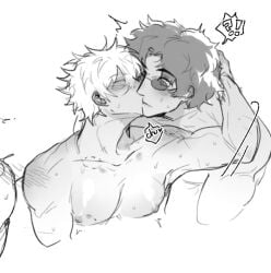 !? 2boys ?! after_sex bite_mark blush gay gintama gintoki_sakata hand_on_another's_head kissing male male_focus male_only monochrome muscular muscular_male nude pecs sakamoto_tatsuma sunglasses surprised sweat thisiszeer upper_body wholesome yaoi