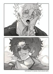 2boys 2koma blush eye_contact foreplay gay gintama gintoki_sakata licking licking_hand male male_focus male_only monochrome nervous_smile on_back sakamoto_tatsuma scar smile sunglasses sweat thisiszeer tongue_out uncommon_stimulation yaoi