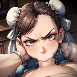 1girls :>= ai_generated angry angry_face angry_fellatio arbitrary blowjob blush brown_hair chinese_clothes chinese_girl chun-li cum cum_in_mouth deepthroat ear_piercing earrings face_fucking fellatio female female_focus forced_oral hair_buns hair_ornament hand_on_head head_grab hi_res jewelry lips looking_at_viewer oral oral_creampie penis_in_mouth pov pov_eye_contact saliva stable_diffusion street_fighter throat_fuck twin_buns