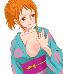 1girl 1girls female female_focus female_only japanese_clothes kimono nami nami_(one_piece) one_piece only_female orange_hair post-timeskip showing_breasts solo solo_female tied_hair white_background xeno_doujin