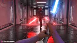 1girls 2020 3d blue_lightsaber bodysuit clothed clothing dual_wielding fanart female holding_lightsaber holding_object holding_weapon indoors lightsaber long_hair pov red_lightsaber romirom sci-fi science_fiction sith slushe_(website) star_wars walking