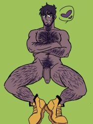 1boy balls ballsack beard body_hair boots cartoony crossed_arms facial_hair flaccid_penis foreskin hairy_arms hairy_chest hairy_legs hairy_male humanoid humanoid_penis intact long_foreskin looking_at_viewer male male_nipples male_only male_pubic_hair masculine mature_male muscular_male nude_male odin_arrow penis purple_eyes purple_hair purple_skin scrotum shoes shoes_only skullsour smirk smooth_penis solo spread_legs testicles uncut unretracted_foreskin yellow_boots