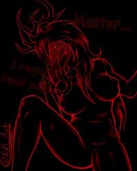 1girls antlers belly_button black_body black_hair black_sclera breasts breasts deer_skull english_text fangs glowing_eyes horn long_hair long_tongue looking_at_viewer monster monster_girl navel nipple_bulge one_leg_up raindeer red_eyes red_skull_(anatomy) ruza ruza_(ruza) self_upload signature simple_background skull_head solo_female thick_thighs thighs tongue tongue_out wendigo xvi
