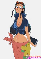 1girls big_breasts black_hair blue_eyes blush book clothed clothing color female female_focus female_only glowhorn hi_res large_breasts light-skinned_female light_skin long_hair looking_at_viewer nico_robin one_piece post-timeskip sarong shounen_jump solo solo_female sunglasses tagme thick_thighs