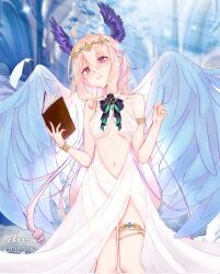 angel_wings book breasts dated enna_alouette exposed_shoulders flower_in_hair hair_ornament hair_wings holding_object legs medium_breasts midriff navel nijisanji nijisanji_en purple_eyes small_breasts soft_breasts virtual_youtuber white_clothing white_hair wings_on_head