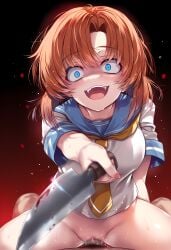 07th_expansion ai_generated blood blue_eyes censored cowgirl_position higurashi_no_naku_koro_ni knife maverick mosaic_censoring no_panties no_skirt orange_hair pussy ryuuguu_rena school_uniform sex vaginal_penetration yandere