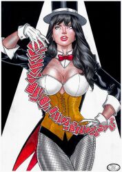 big_breasts black_hair dc_comics ed_benes_studio fishnets justice_league long_hair looking_at_viewer red_lips solo_female sorceress white_corset zatanna zatanna_zatara