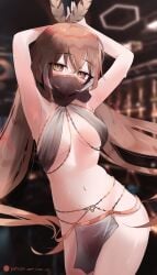 1girls armpits arms_up belly_dancer belly_dancer_outfit bocas_top brown_eyes brown_hair face_veil feathers_in_hair harem_girl harem_outfit hololive hololive_english hololive_english_-council- hololive_english_-promise- large_breasts loincloth long_hair looking_at_viewer nanashi_mumei uve virtual_youtuber