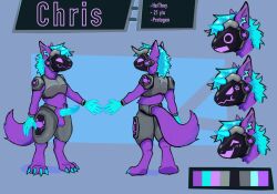 amputee anthro balls blue_hair broken_horn chris_(crabwater) crab_claw disability fur genitals hair hi_res horn machine male mkay model_sheet penis protogen purple_body purple_eyes purple_fur simple_background solo