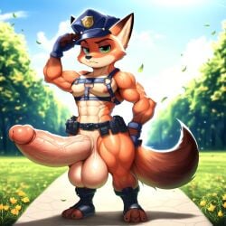 3_toes 4_fingers, abs ai_generated almost_naked anthro anthro_only belt biceps boner casual casual_boner casual_nudity chest_harness combat_boots cop cute fingerless_gloves fox furry furry_only green_eyes greeting hard_nipples hung hyper hyper_balls hyper_genitalia hyper_penis looking_at_viewer muscular muscular_anthro muscular_arms muscular_legs muscular_male muscular_thighs nai_diffusion nick_wilde nonchalant outdoors pecs police police_hat police_officer police_uniform presenting proud_of_his_cock public serious_face shortstack solo standing swollen_balls thick_penis toeless_footwear tool_belt veiny veiny_balls veiny_penis veiny_testicles young zootopia