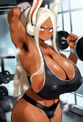 1girls abs ai_generated areola areola_slip areolae areolae_slip armpit armpit_fetish armpit_hair armpits big_breasts boku_no_hero_academia breasts bunny_ears covered_nipples dark-skinned_female dark_skin dontlao3 female female_focus female_only gigantic_breasts gloopai gym huge_breasts indoors looking_at_viewer miruko my_hero_academia nai_diffusion nipple_bulge nipples nipples_visible_through_clothing pubic_hair pubic_hair_peek red_eyes rumi_usagiyama smell smelly_armpits solo solo_female solo_focus sports_bra sportswear tan_body thick weights white_hair wide_hips