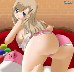 1girls ashy_hair ass ass_focus barette big_ass big_breasts big_butt blonde_hair blue_eyes bottom_view butt_focus clothed edens_zero looking_at_viewer looking_back plushie rebecca_bluegarden sharknex solo stuffed_animal stuffed_toy thick_thighs