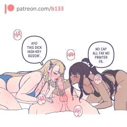 1boy 2girls b133 blonde_hair blowjob brown_hair dark_skinned_female fellatio	 ffm_threesome hetero light_skinned_female original sharing speech_bubble tagme