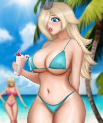 beach big_breasts big_butt big_lips bikini blonde_hair blue_eyes cartoony fanart ice_cream mario_(series) mario_and_luigi_(series) milk princess princess_peach princess_rosalina super_mario_galaxy zeurita