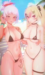 2girls 3d :3 ahoge areola_slip areolae arm_around_waist ass beach bead_bracelet beads big_ass big_breasts bikini blonde_hair bracelet bracelets breasts choker cleavage deluxe_rosie eye_shadow fefe_(vtuber) female female_only hand_up heart_ahoge hips hourglass_figure indie_virtual_youtuber leg_band light-skinned_female light_skin long_hair looking_at_viewer medium_breasts micro_bikini mole mole_on_breast multicolored_hair orange_eyes outdoors palm_tree pierced_belly_button piercing pink_eyes pink_hair pink_nails sand short_hair sky smile standing string_bikini suko_(vtuber) tan tan-skinned_female tan_body tan_skin tanline tattoo tattoos thick_thighs thighs thin_waist tied_hair tongue tongue_out tree trees twintails virtual_youtuber white_hair wide_hips