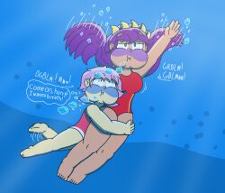 2girls _frankysniper air_bubbles alternative_hair_color alternative_universe dark_skin drowning filia_(skullgirls) holding_breath long_hair one_piece_swimsuit peril pink_hair puffy_cheeks purple_hair samson_(skullgirls) short_hair size_difference skullgirls tagme_(artist) umbrella_(skullgirls) underwater