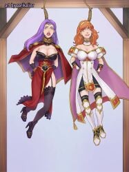 2girls asphyxiation big_breasts bondage cape celica_(fire_emblem) cleavage clenched_teeth clothed clothing diadem dress earrings execution fire_emblem fire_emblem_echoes:_shadows_of_valentia garikaliev garter_belt garter_straps gloves gore guro hands_tied hands_tied_behind_back hanged high_heels imminent_death long_gloves nintendo noose open_mouth purple_eyes purple_hair red_dress red_eyes red_hair sonya_(fire_emblem) surprised thigh_boots thighhighs white_dress