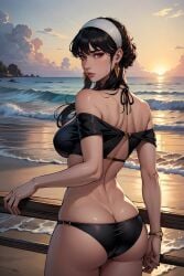 1girls ai_generated ass_cleavage assassin big_breasts bikini bimbo black_hair breasts butt_crack female female_only human looking_over_shoulder mature_female milf red_eyes solo spy_x_family stable_diffusion swimsuit thick_thighs thong thorn_princess vitoryt yor_briar yor_forger