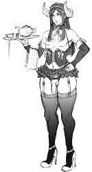 2020 black_and_white corset cum cum_drip cup femboy flaccid flat_chest full_body garter_straps hand_on_hip high_heels horns leaking_cum maid maid_headdress maid_uniform microskirt miniskirt monochrome nipple_piercing nipples penis penis_out piercings sekushimagik serving_tray sketch skimpy_clothes skirt standing stockings teacup teapot thick_thighs trap white_background