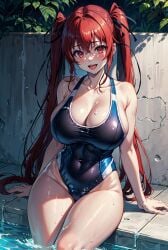 ai_generated bare_legs big_breasts big_thighs curvaceous curvy_female hair_ornament large_breasts light-skinned_female mako_(artist) naruse_mio one-piece_swimsuit red_eyes red_hair shinmai_maou_no_testament swimsuit thick_thighs twintails