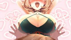 1boy 1girls arms_behind_back beauty_mark breasts brown_hair bursting_breasts busty choker cleavage come_hither dress female female_focus fire_emblem fire_emblem:_three_houses heart heart_in_mouth huge_breasts imminent_breast_grab imminent_sex inviting male manuela_casagranda mole mole_under_eye nintendo offering pose short_hair smile solo_focus yanmarson