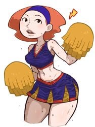 1girls cheerleader cheerleader_uniform disney disney_channel female female_only kim_possible liz_(kim_possible) orange_hair pom_poms sweat sweatdrop tobato_the_dog white_background wide_hips