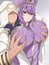 1boy 1girls annoyed breast_grab breasts double_breast_grab eremiya_(fire_emblem) female female_focus fire_emblem fire_emblem:_new_mystery_of_the_emblem fire_emblem_heroes frown groping hat huge_breasts kiran_(fire_emblem) kiran_(fire_emblem)_(male) looking_at_viewer male molestation nintendo nun purple_eyes purple_hair questionable_consent short_hair solo_focus toshimasa