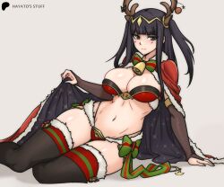 1girls absurdres alternate_costume antlers bell bikini black_hair boots breasts bridal_gauntlets cape cape_lift christmas christmas_ornaments cleavage fake_antlers female female female_only fire_emblem fire_emblem_awakening fire_emblem_heroes fur-trimmed_panties fur_cape fur_trim grey_background grey_eyes groin hayato_stuff highres horns large_breasts long_hair looking_at_viewer navel nintendo official_alternate_costume panties reindeer_antlers reindeer_hair_ornament santa_bikini simple_background smile solo swimsuit tharja_(fire_emblem) tharja_(winter)_(fire_emblem) thighhighs thighhighs_under_boots tiara underwear