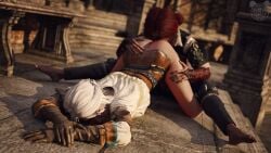 2girls 3d ass ciri clothing eating_ass eating_pussy female light-skinned_female multiple_girls red_hair scar the_witcher_(series) the_witcher_3:_wild_hunt thenaughtypanda triss_merigold white_hair yuri