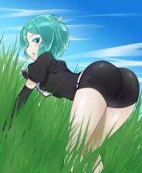 ambiguous_gender androgynous ass big_ass black_gloves black_shorts blue_eyebrows blue_eyeliner blue_eyes blue_hair blue_mouth blue_sky blush blush_lines clipboard clouds debutya_aki detailed_background gloves grass holding_object humanoid land_of_the_lustrous light_skin long_gloves looking_at_viewer looking_back phosphophyllite round_ass shiny_hair short_hair shorts uniform unknown_gender