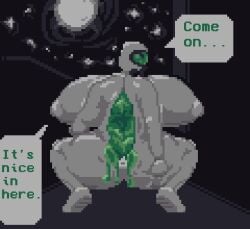 1girls breasts_bigger_than_head english_text female gas_mask hazmat_suit huge_breasts monster_girl night nipple_bulge nipples_visible_through_clothing pixel_art slime slime_girl thick_ass thick_thighs