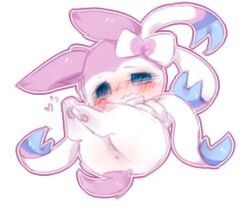 2016 anus blue_eyes blush deaic eeveelution female feral generation_6_pokemon low_res lying nintendo on_back pokemon pokemon_(species) ribbons simple_background solo sylveon white_background