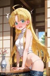 ahoge ai_generated asia_argento blonde_hair female green_eyes hell-pantsu high_school_dxd long_hair masturbation small_breasts solo squirting wet_pussy