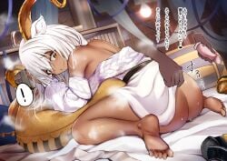 absurdres animal_ears arknights ass back bare_shoulders barefoot bed bedroom beeswax_(arknights) beeswax_(weisser_sand)_(arknights) clothes_lift dildo disembodied_limb female goat_ears goat_horns head_tilt highres horns japanese_text kneeling kokihanada looking_at_viewer sex_toy surprised translation_request