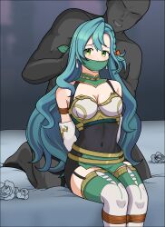 1boy 1girls aqua_hair arms_behind_back bare_thighs bed blue_hair bodystocking bondage boots bound bound_arms bound_legs braid breasts captured chloe_(fire_emblem) cleavage cloth_gag collarbone covered_navel elbow_gloves female female_focus femsub fire_emblem fire_emblem_engage flower frown gag garter_straps gloves green_eyes improvised_gag just_some_guy long_hair male maledom medium_breasts nintendo on_bed pelvic_curtain restrained rope rose sitting solo_focus thigh_boots thighs very_long_hair