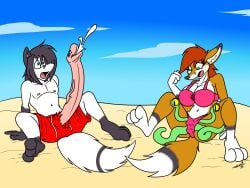 3_toes 4_fingers absurd_res alex_(alexmarblefox) anthro ashley_(alexmarblefox) beach bikini black_hair blue_eyes bodily_fluids body_horror canid canine cherri_(artist) clothing cum cumshot duo ejaculation feet female fingers fox fur genital_fluids genitals green_eyes green_tentacles hair hi_res male male/female mammal marble_fox navel nipples orange_body orange_fur penis penis_transformation penis_with_face pink_bikini pink_clothing pink_swimwear poking_out pussy_creature red_clothing red_fox red_hair red_swimming_trunks red_swimwear seaside sentient_penis sentient_pussy shirtless_male shocked_expression sitting swimming_trunks swimwear tentacle tentacle_monster toes torn_clothing transformation white_body white_fur yellow_eyes