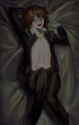 black_clothing ginger ginger_hair glasses gloves gripping_sheets in_bed lying_on_bed messy messy_room open_mouth open_shirt randal_ivory randals_friends ranfren sheets skinny skinny_boy skinny_male unbuttoned_shirt undone_shirt white_gloves