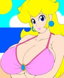 1girls beach bikini bikini_top blonde_hair blue_eyes breasts bursting_breasts busty cleavage earrings female female_only huge_breasts human jewelry large_breasts lipstick long_hair looking_at_viewer mario_(series) milf nintendo nintyalex outdoors princess_peach recolor smile solo speeds v_arms voluptuous