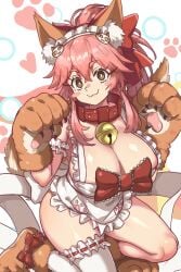 1girls :3 apron blush breasts cleavage collar ebora fate/grand_order fate_(series) female fox_ears fox_girl fox_tail hair_ornament hi_res huge_breasts kemonomimi kneeling long_hair naked_apron naughty_face paw_gloves paws pink_hair smile solo tamamo_cat tamamo_nine thick_thighs youngmanisdown