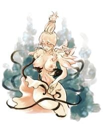 1boy1girl aculeatus black_skin blush breasts female ginryu hand_on_breast humanoid humanoid_on_humanoid land_of_the_lustrous male mollusk mollusk_humanoid nipples pink_skin tentacle tied_hair ventricosus wide_hips